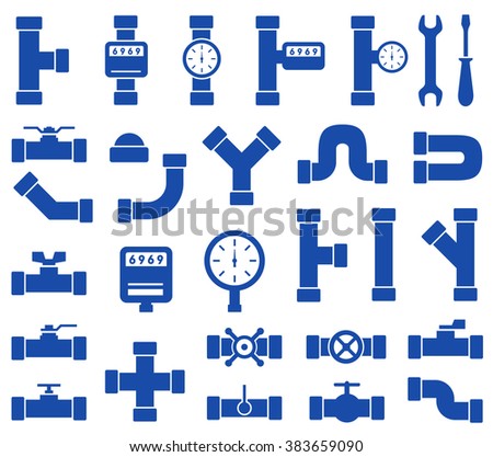 isolated blue plumbing pipes set on white background