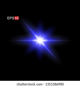 isolated blue Rays with lens flare, Sun flare, flare on the black background. Transparent Vector Illustration