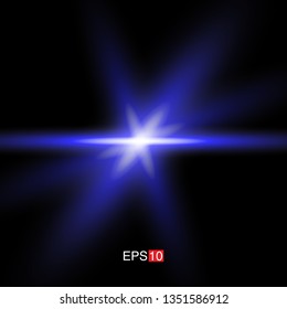 isolated blue Rays with lens flare, Sun flare, flare on the black background. Transparent Vector Illustration