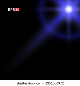 isolated blue Rays with lens flare, Sun flare, flare on the black background. Transparent Vector Illustration