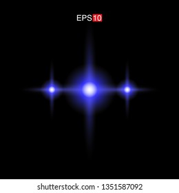 isolated blue Rays with lens flare, Sun flare, flare on the black background. Transparent Vector Illustration