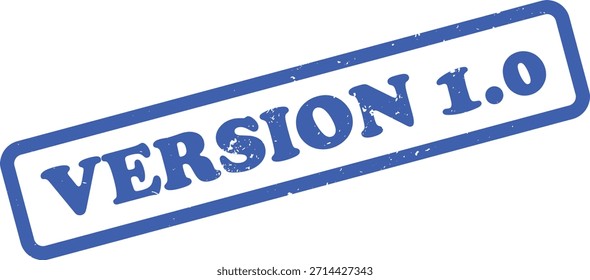 Sello rectangular azul aislado sobre fondo blanco que muestra el texto Versión 1.0 en un estilo grunge, sello de goma, que muestra ligeras imperfecciones.