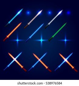 Isolated blue and red color crossed light swords logo set. Futuristic movie weapon logotype. Sabre with fire force icon. collection. Scifi shiny neon longsword vector illustration
