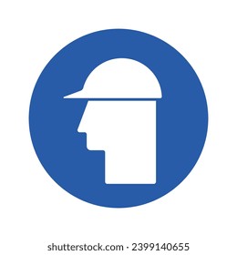 Isolated blue round sign of use safety helmet required, with illustration men worker wear helm