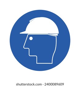 Isolated blue round sign of use safety helmet required, with illustration men worker wear helm, a head protection gear