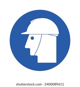 Isolated blue round sign of use safety helmet required, with illustration men worker wear helm, a head protection gear