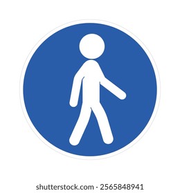 An isolated, blue, round sign with a white pedestrian pictogram glyph, indicating a designated walking lane for pedestrians