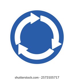 Isolated blue roundabout traffic sign symbolizing circular road direction, essential for navigation and safety, promoting smooth and orderly vehicle movement