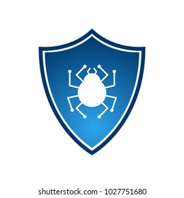 Isolated blue shield with virus vector logotype. Firewall logo on white background 
