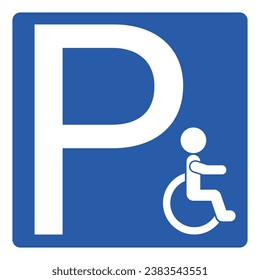 Isolated blue square sign of disable, ill, old, handicap person with pictogram man on a wheelchair, for parking area, access building, transport icon