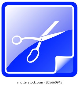 isolated blue sticker icon with scissors silhouette