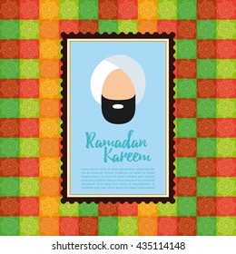 Isolated blue sticker with text and an icon of an arabic man on a colored background