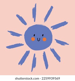 Isolated blue sun with smile. Vector cute character.