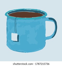 isolated blue tin cup with tea in watercolour cartoon style. Colourful vector illustration