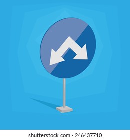 an isolated blue traffic signal with arrows and signals