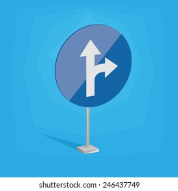 an isolated blue traffic signal with arrows and signals