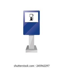 an isolated blue traffic signal with a gas station icon