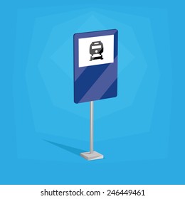 an isolated blue traffic signal with a train icon