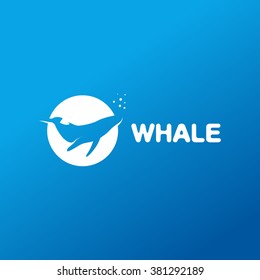 Isolated blue vector whale in a circle logo. Ocean creature image. World whales day sign. Mammal symbol. Animal illustration. Water element. 