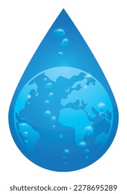 Isolated blue water drop with some rising bubbles and globe silhouette inside it. Design with gradient effect.