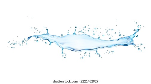 Agua azul aislada salpicada con gotas. Ola de agua líquida vectorial con salpicaduras dinámicas de movimiento acuático con gotitas de aerosol. Flujo puro de agua 3d transparente aislado y realista