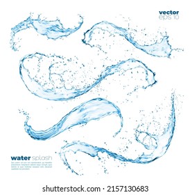 Isolated blue water waves splash and flow shapes with drops. Vector liquid transparent splashing fluids with droplets, realistic 3d fresh drink elements, clear aqua falling or pour with air bubbles