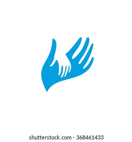 Isolated blue and white vector hands logo. Orphanage emblem. Family sign. Children care image. Adoption illustration. Child raising kindergarden icon. Charity for orphans. Help kids campaign.