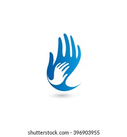 Isolated blue and white vector hands logo. Mothercare sign. Orphanage emblem. Caring parents. Childish hand. Adopted child. Bringing up. Support symbol. Helpful people.