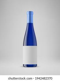 Isolated blue wine bottle with horizontal label. 3D illustration. Vector.