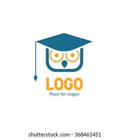 Isolated Blue And Yellow Vector Owl Logo. Bird In A Hat And Glasses Tutor Illustration School Emblem. Graduation Symbol. Teacher Image. Student Illustration. Studying Icon.