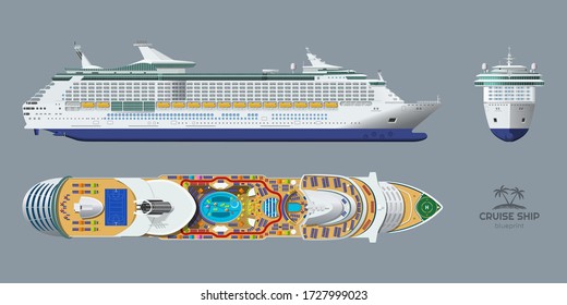 Isolated blueprint of cruise ship. Side, top and front views. Realistic 3d liner. Detailed drawing of modern marine vessel. Sea travel transpotation. Vector illustration