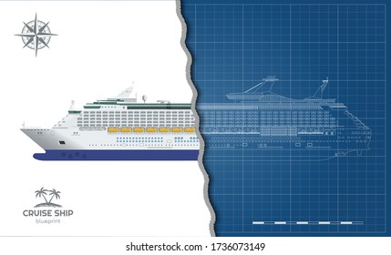 Plano aislado de cruceros. Vista lateral. Ropa 3d realista. Dibujo detallado de un barco marino moderno. Transporte marítimo. Ilustración del vector