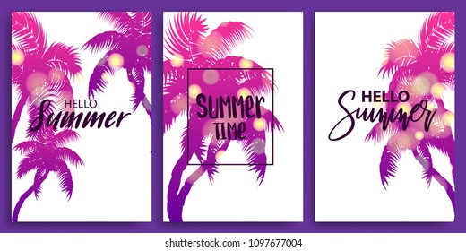 Isolated blurred greeting hello summer time banner. Vintage retro vacation poster. Set season advertise sale vector backgrounds. Sunset, sunrise tropical travel paradise. Relaxing tourism bokeh poster