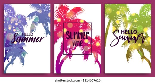 Isolated blurred greeting hello summer time banner. Vintage retro vacation poster. Set season advertise sale vector backgrounds. Sunset, sunrise tropical travel paradise. Relaxing tourism bokeh poster
