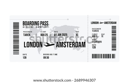 Isolated boarding pass features the passenger name Tarek, details of flight BDX 25 from London to Amsterdam with boarding time at 0930 on white.