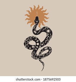 Isolated bohemian vector illustration. Esoteric snake, serpent and the sun ornament print, poster, banner, greeting card