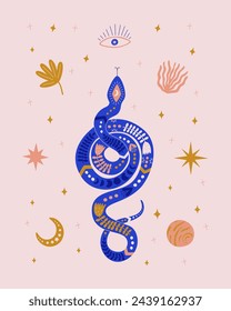 Isolated boho snake with eye, moon, star and plants. Esoteric serpent.  vector illustration for print, poster, banner, greeting card. 