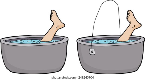 Isolated boiling pots with human foot sticking out