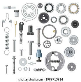 Isolated bolt, screw, nut and washer, spring, gear or cogwheel with bearings. Cartoon vector mechanic spare parts for car, engine gasket or mechanism. Machine gearwheels, transmission or gearbox parts