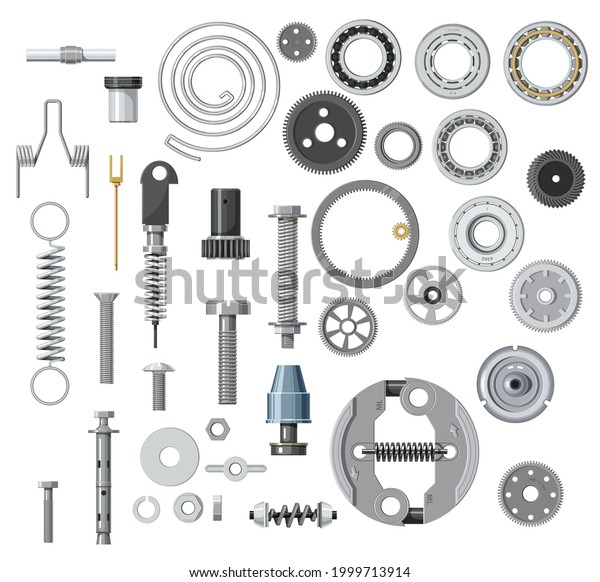 Isolated bolt, screw, nut and washer, spring, gear
or cogwheel with bearings. Cartoon vector mechanic spare parts for
car, engine gasket or mechanism. Machine gearwheels, transmission
or gearbox parts