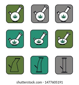 Isolated bongs set on white background. Bongs and waterpipes. Colorful smoking equipment made of glass.