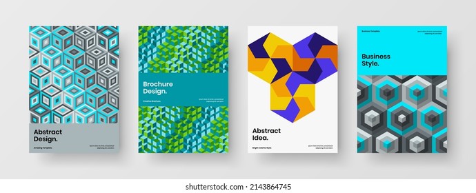Cubierta de libro aislada colección de plantillas de vector de diseño A4. Composición de la distribución de la pancarta de hexágonos de mosaico multicolor.
