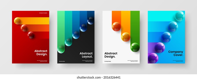 Isolated book cover vector design layout set. Bright realistic spheres company identity template collection.