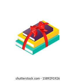 Isolated book stack. Isometric vector paper book. Christmas present with bow. Element for ad, sale, store poster, web, card. Vector Illustration