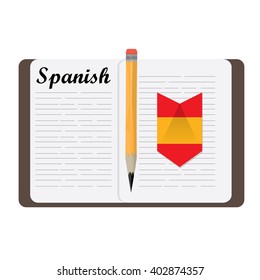 Isolated book with text, a pencil and a badge with the flag of Spain