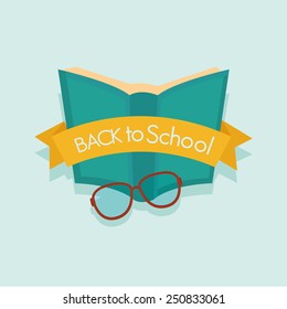 an isolated book wit a ribbon with text and glasses on a blue background