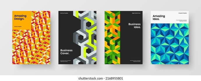 Isolated booklet vector design illustration set. Colorful mosaic shapes corporate cover layout composition.