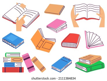 Isolated books and notebooks. Bookstore, book pile and paper for notes. Diary icon, textbook for study. Library, reading and education decent vector set