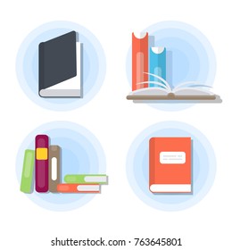 Isolated books set. Stack of books and open books and covers.