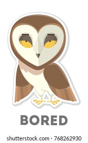 Isolated bored owl with yellow eyes on white background.